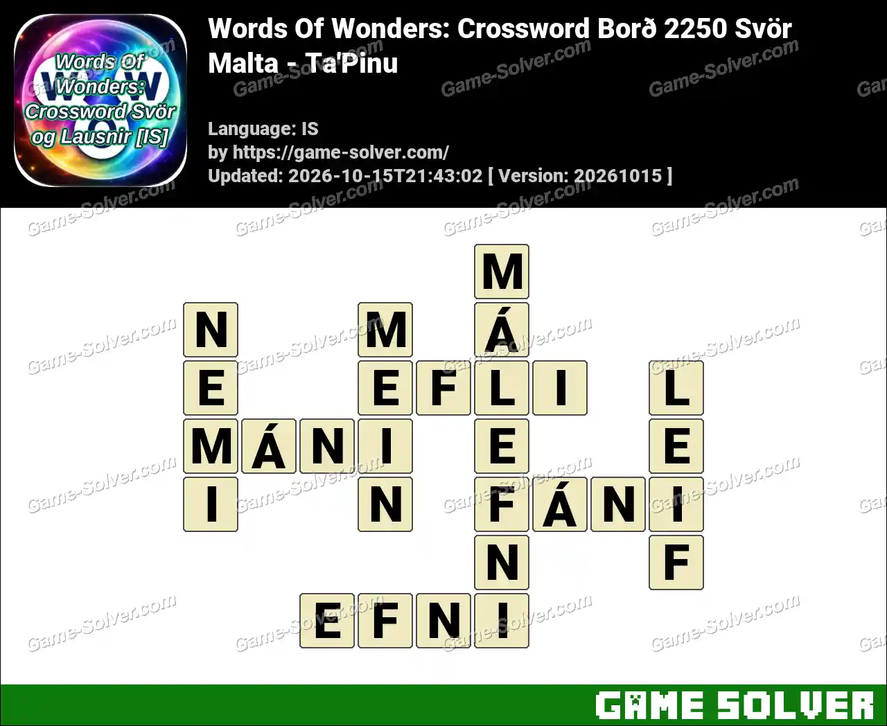 Words Of Wonders: Crossword Borð 2250 Svör – Malta – Ta’Pinu